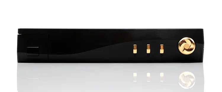 Cayin N6iii side panel with gold playback buttons