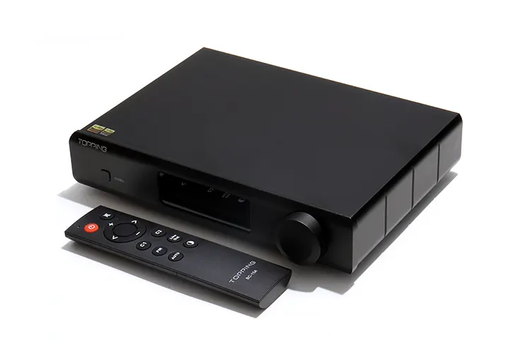 Topping D90 III Sabre beside its remote control